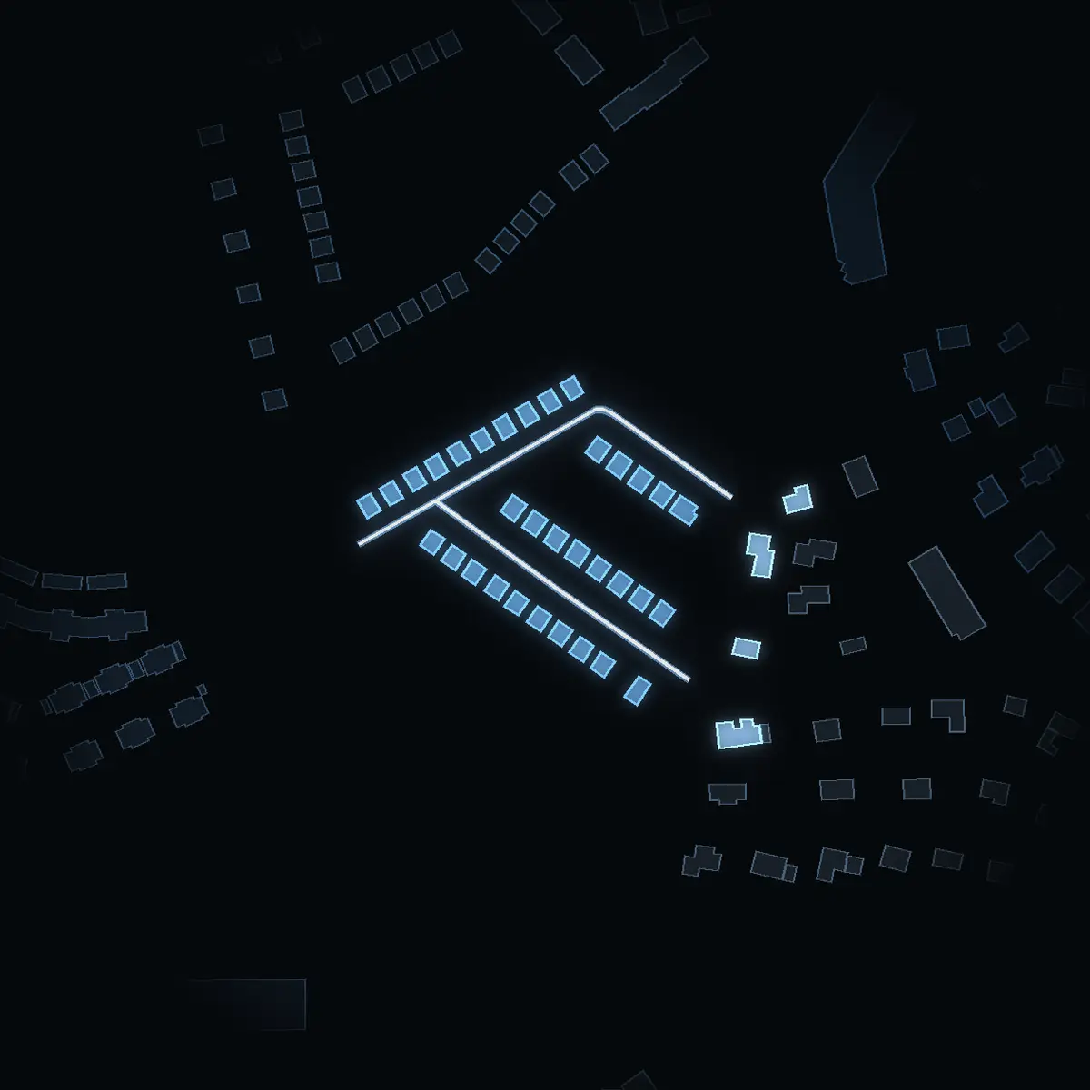 The street at night: Träkvista bygränd drawn in white, its buildings lit in the colour of their area’s income