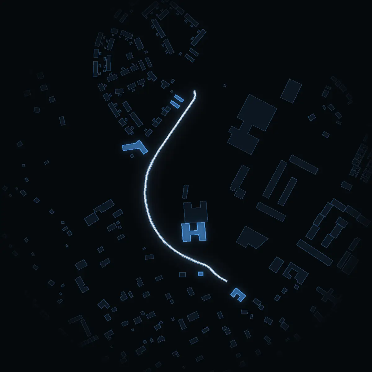 The street at night: Uppgårdsvägen drawn in white, its buildings lit in the colour of their area’s income