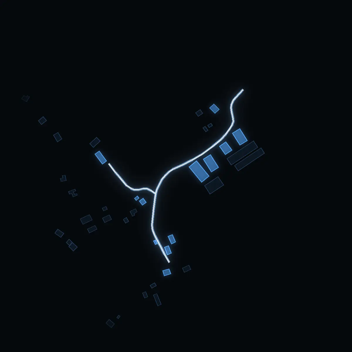 The street at night: Wiggeby gårds väg drawn in white, its buildings lit in the colour of their area’s income