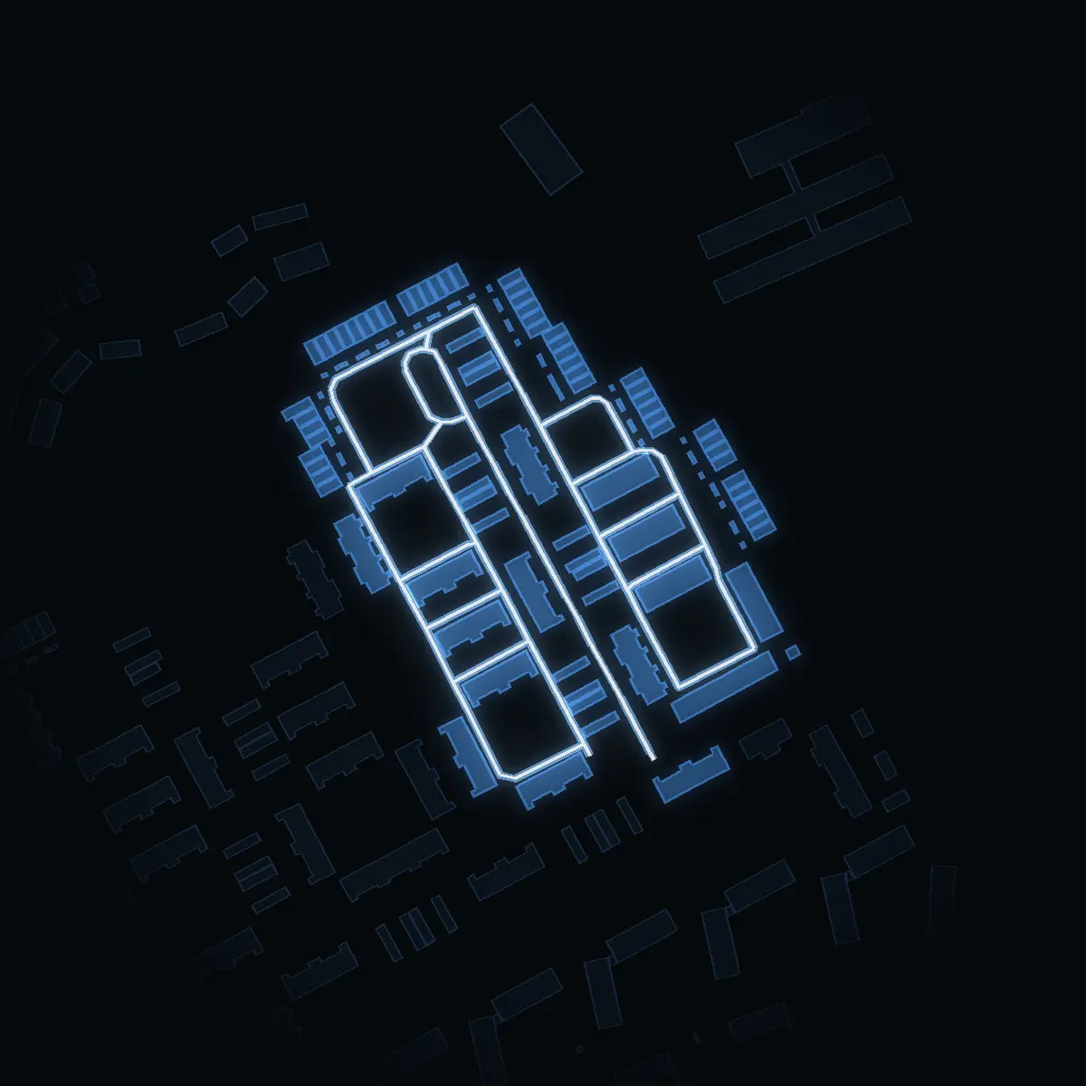 The street at night: Älgvägen drawn in white, its buildings lit in the colour of their area’s income
