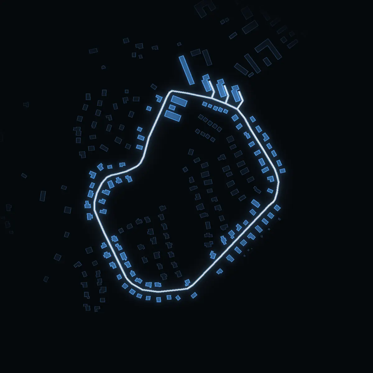 Gatan nattetid: Backvägen inritad i vitt, husen tända i färgen för områdets inkomst