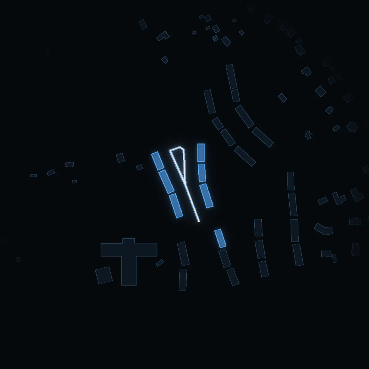 The street at night: Beteshagen drawn in white, its buildings lit in the colour of their area’s income