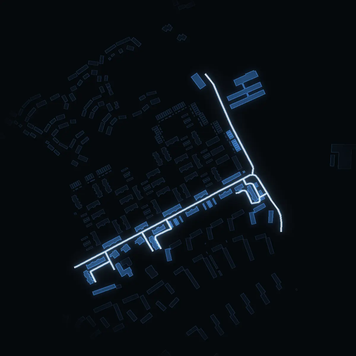The street at night: Björnvägen drawn in white, its buildings lit in the colour of their area’s income