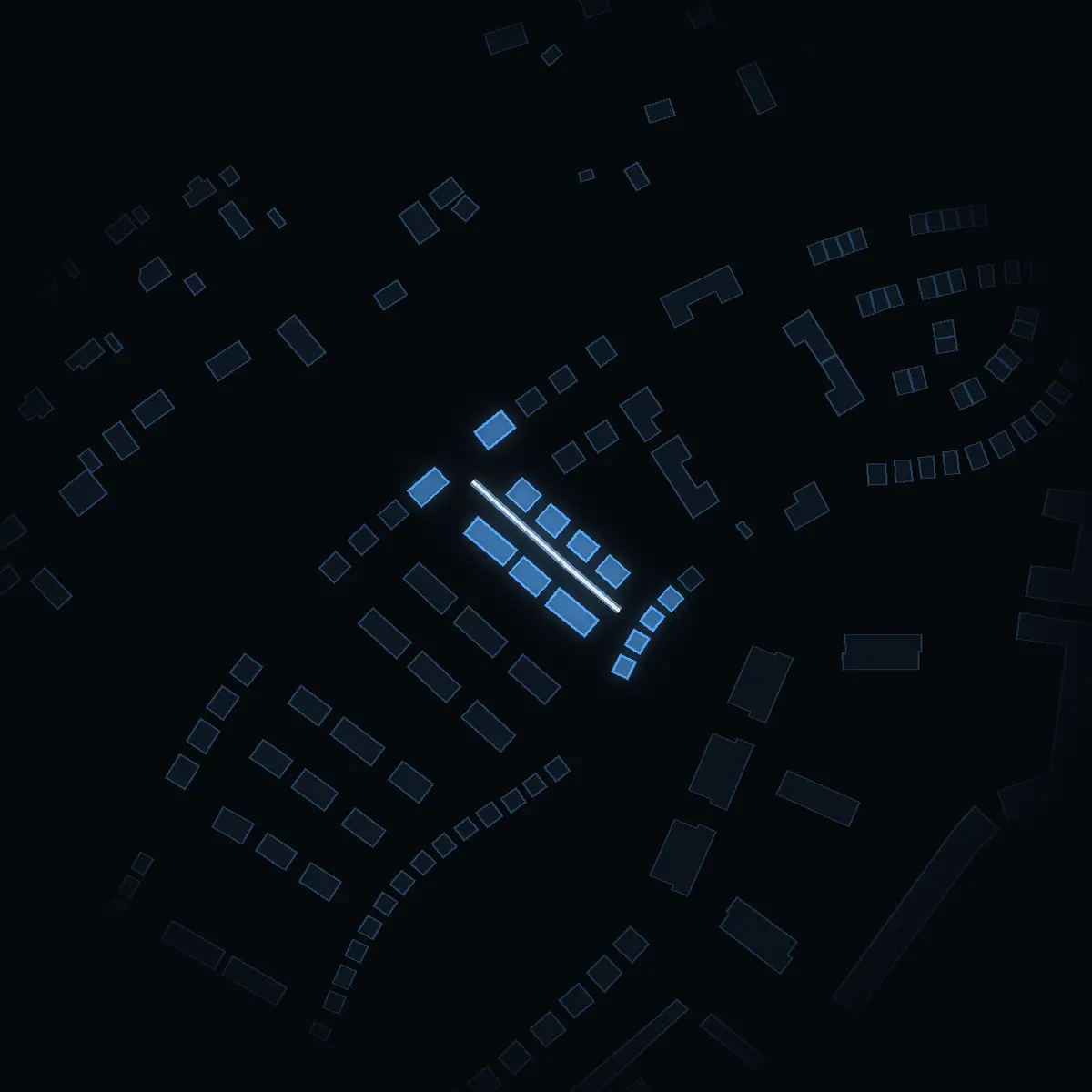 The street at night: Boves gränd drawn in white, its buildings lit in the colour of their area’s income