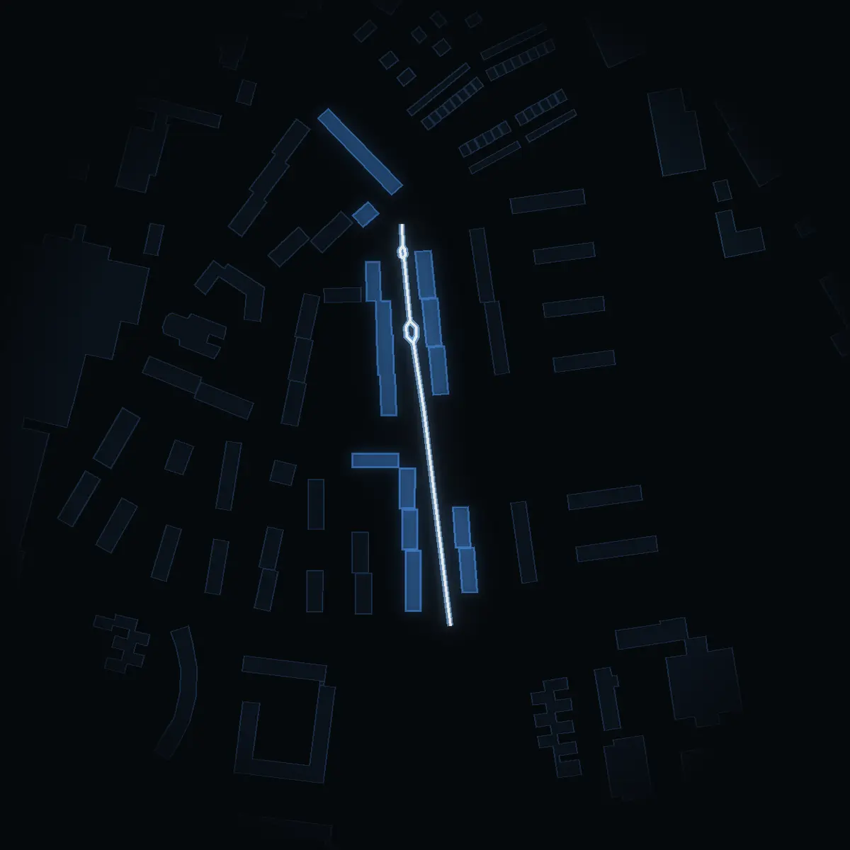 The street at night: Bragevägen drawn in white, its buildings lit in the colour of their area’s income
