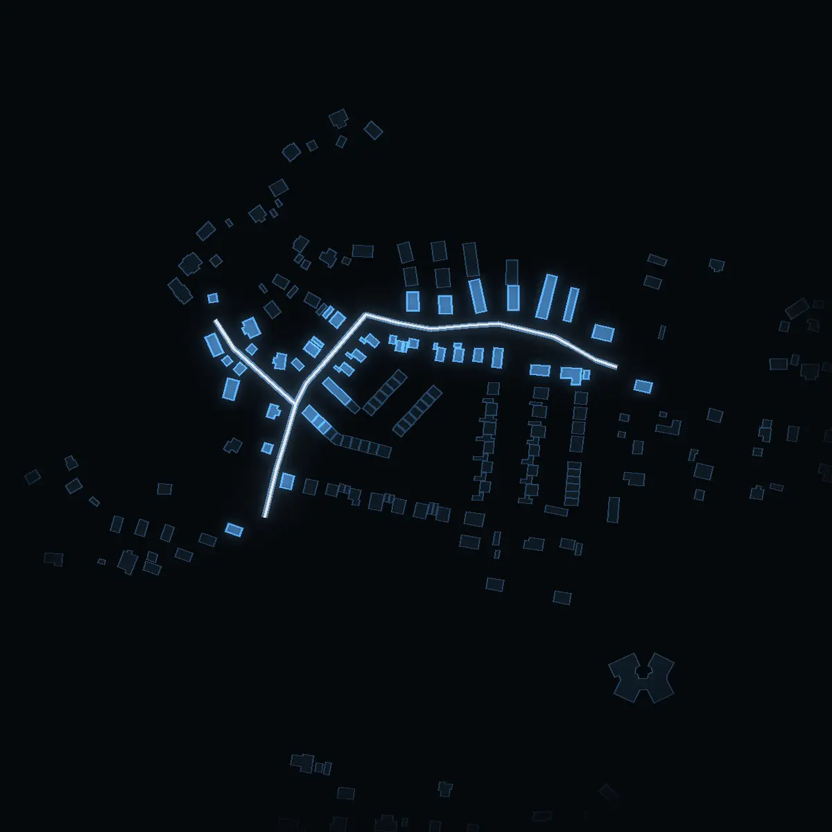 The street at night: Broddvägen drawn in white, its buildings lit in the colour of their area’s income