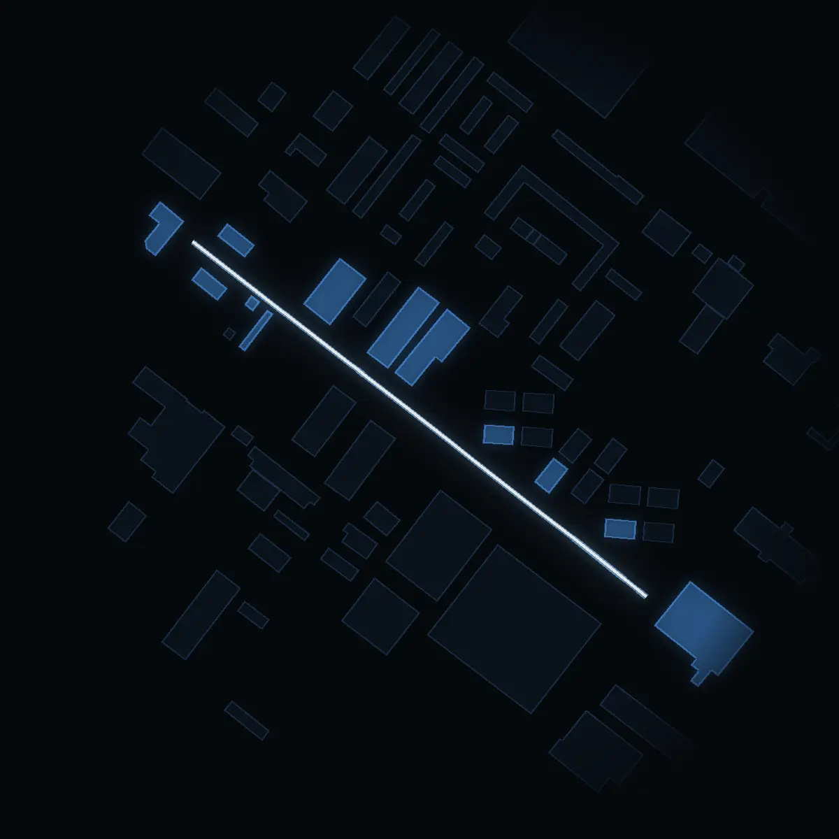 The street at night: Cementvägen drawn in white, its buildings lit in the colour of their area’s income