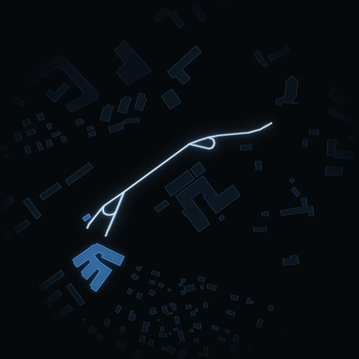The street at night: Centrumvägen drawn in white, its buildings lit in the colour of their area’s income
