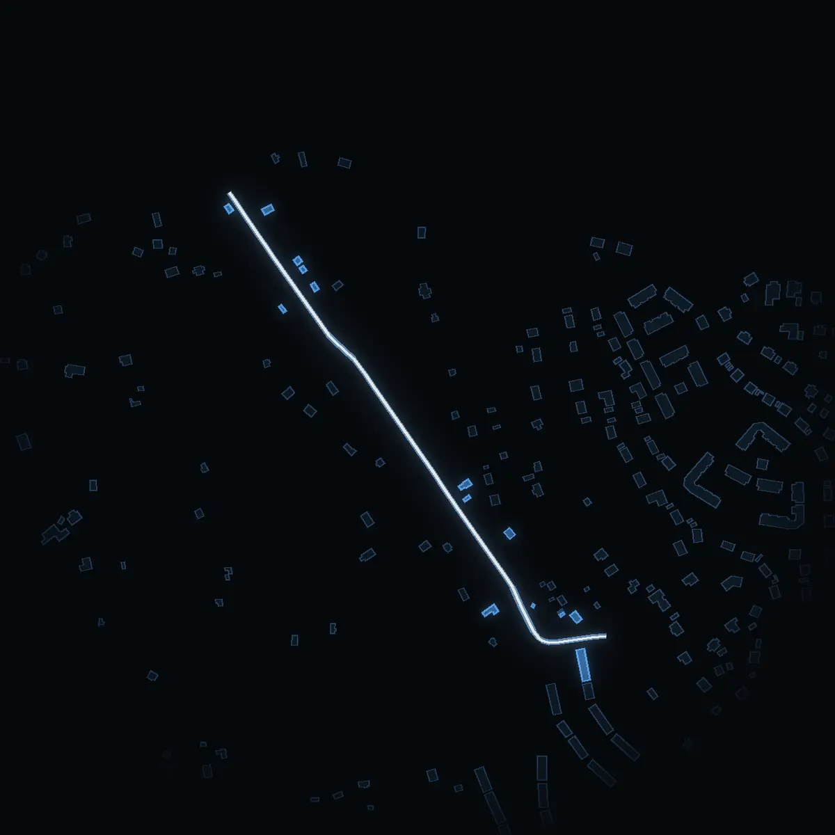 Gatan nattetid: Dalkjusevägen inritad i vitt, husen tända i färgen för områdets inkomst