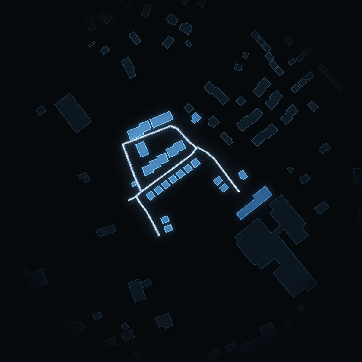The street at night: Diskusvägen drawn in white, its buildings lit in the colour of their area’s income