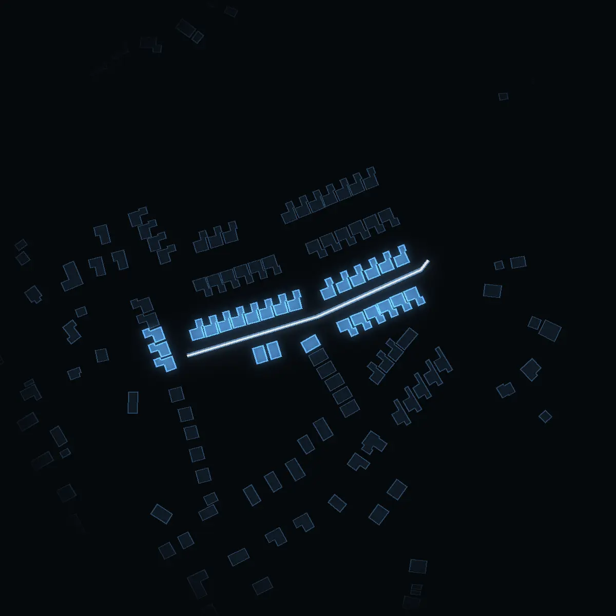 The street at night: Fläderstigen drawn in white, its buildings lit in the colour of their area’s income