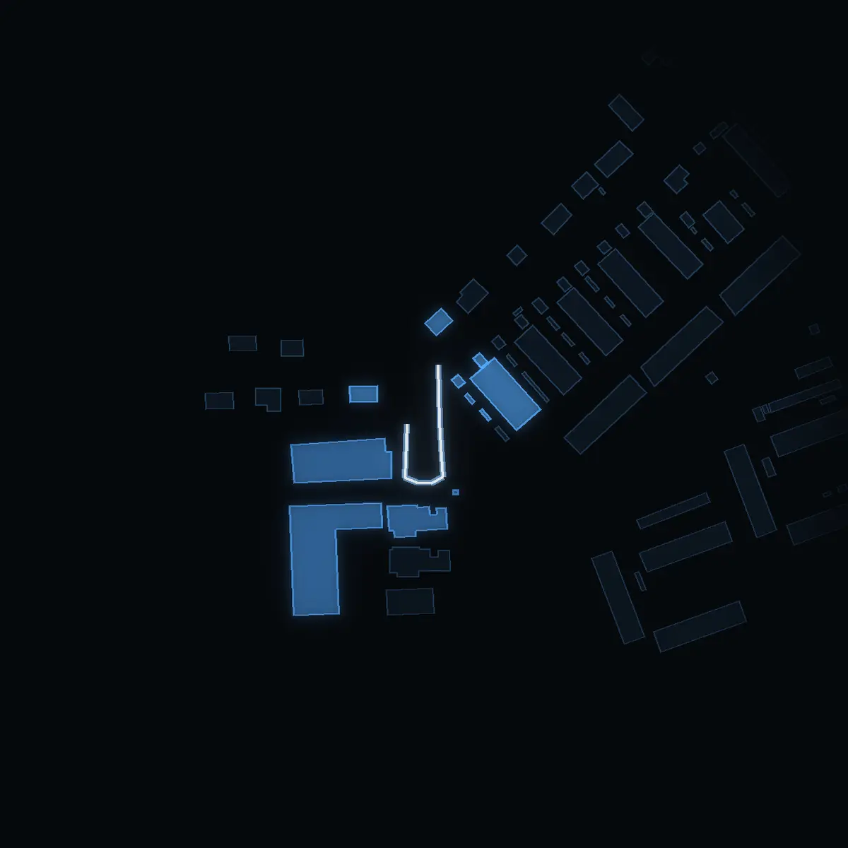 The street at night: Floraplan drawn in white, its buildings lit in the colour of their area’s income