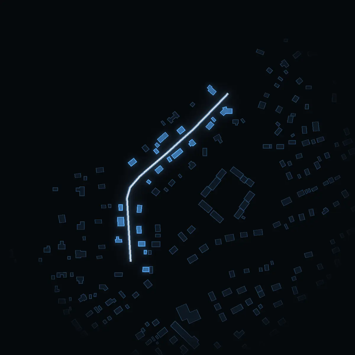 The street at night: Fraservägen drawn in white, its buildings lit in the colour of their area’s income