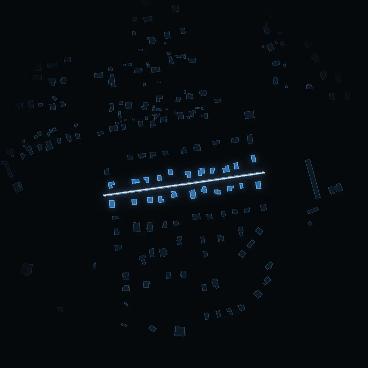 The street at night: Gäddstigen drawn in white, its buildings lit in the colour of their area’s income