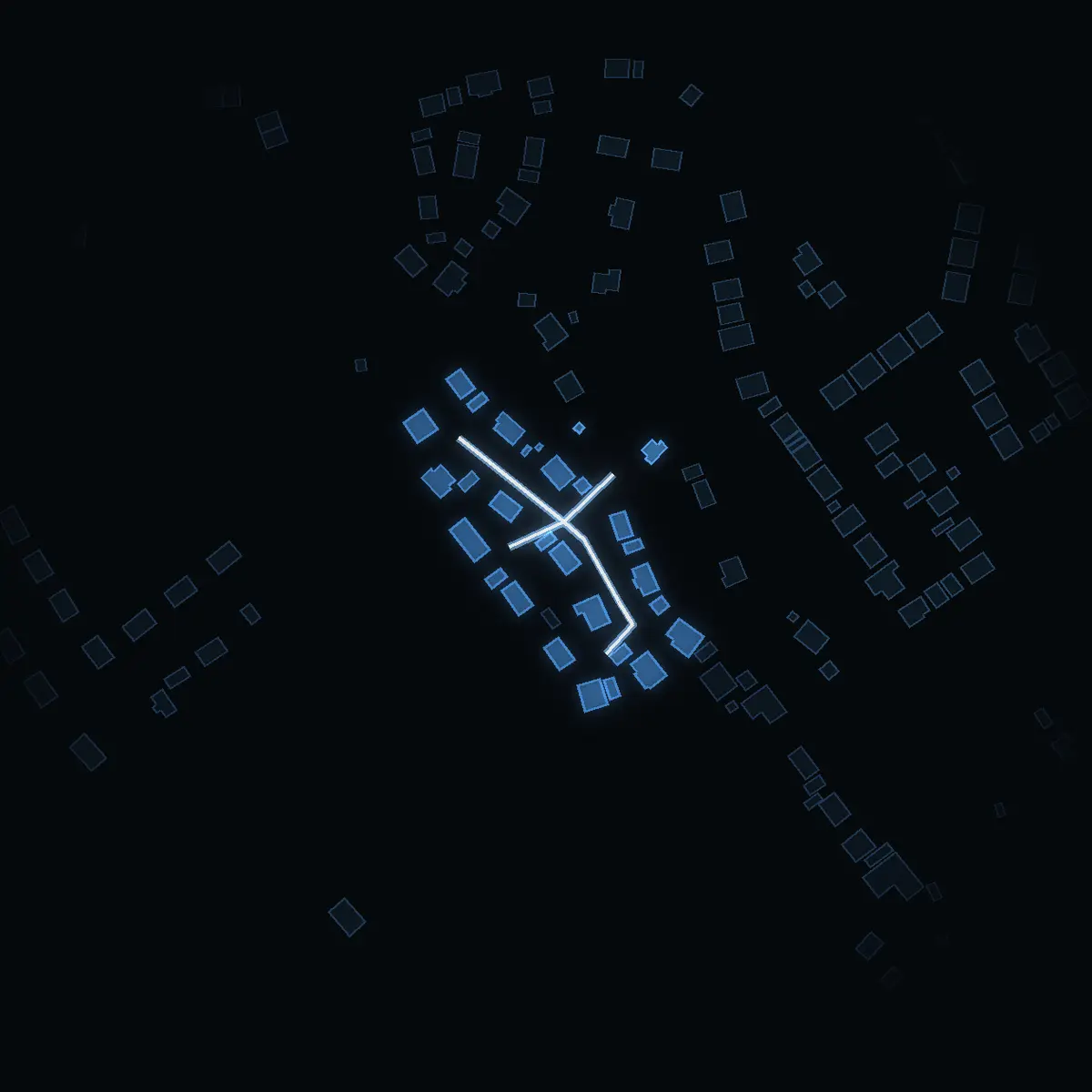 The street at night: Gamla lyckebyvägen drawn in white, its buildings lit in the colour of their area’s income