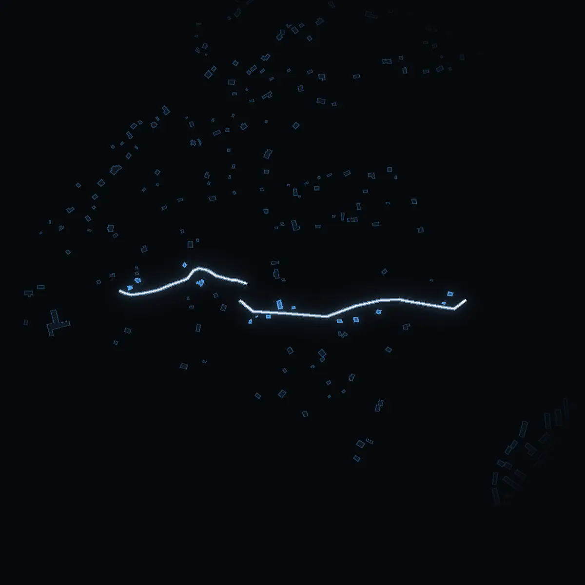 The street at night: Gammelgårdsvägen drawn in white, its buildings lit in the colour of their area’s income