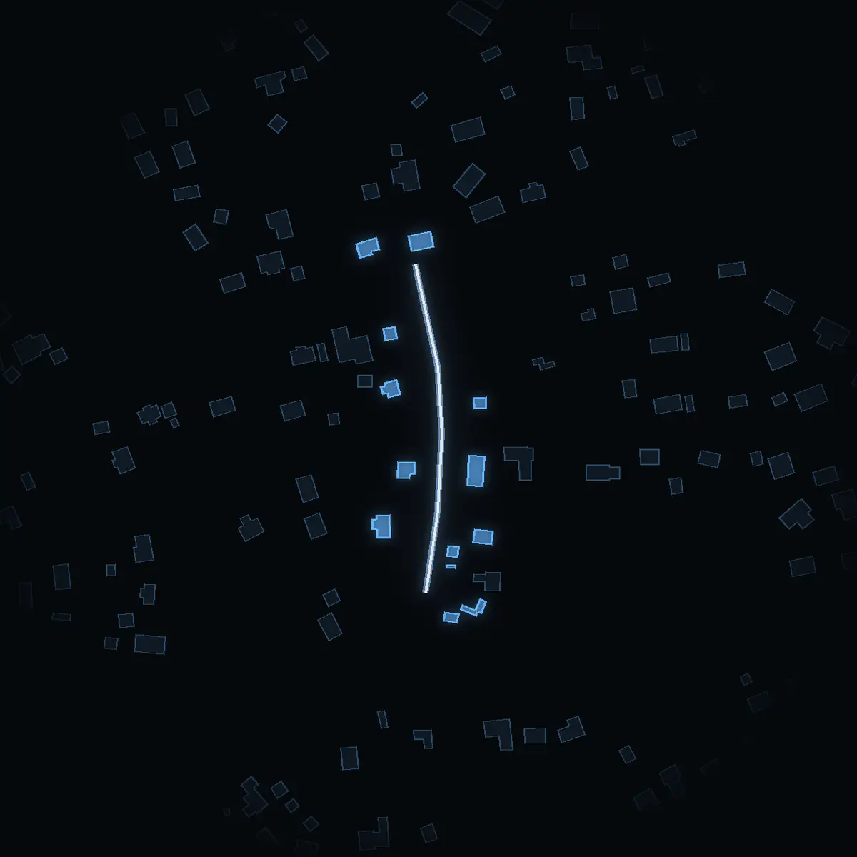 The street at night: Granitvägen drawn in white, its buildings lit in the colour of their area’s income