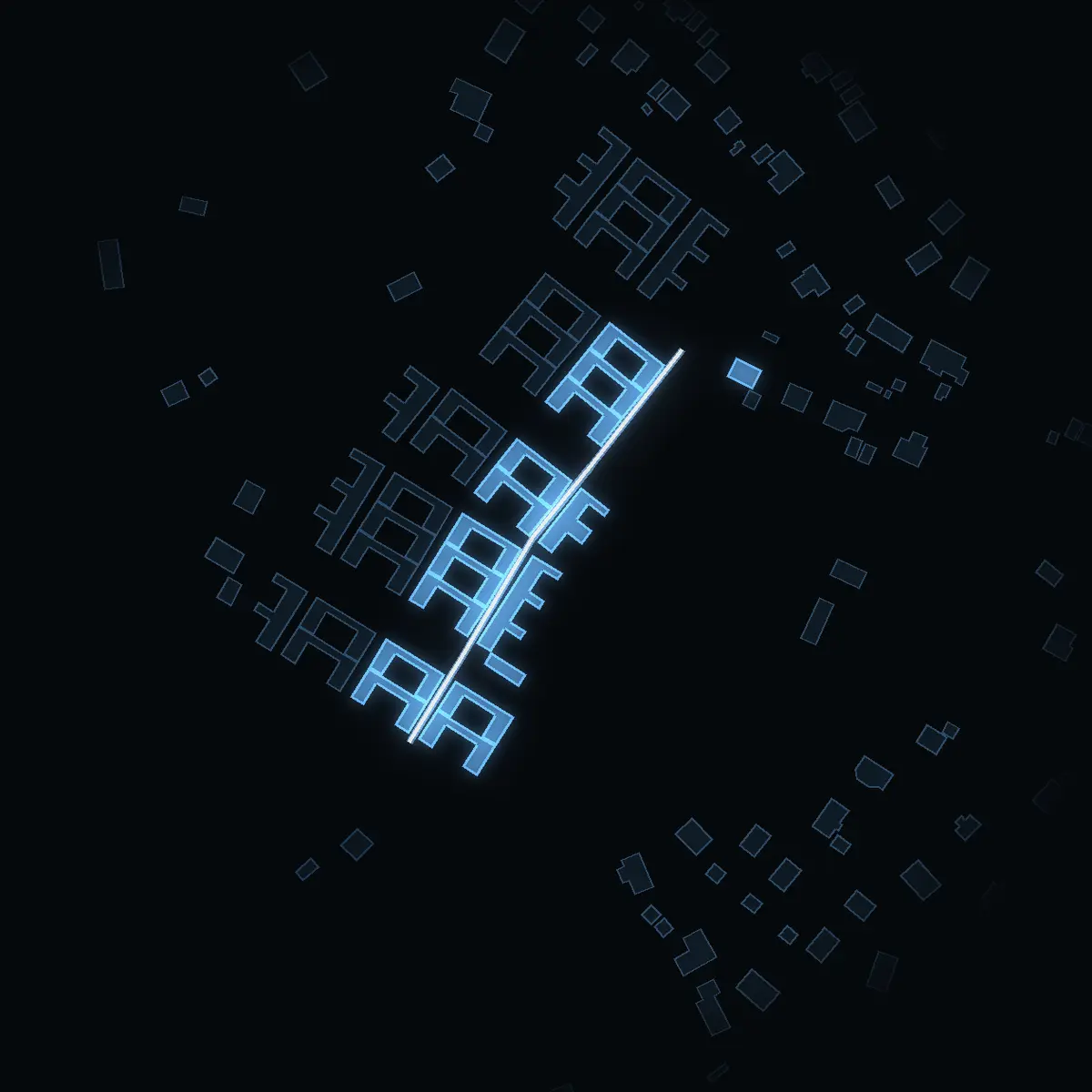 The street at night: Häckgränd drawn in white, its buildings lit in the colour of their area’s income
