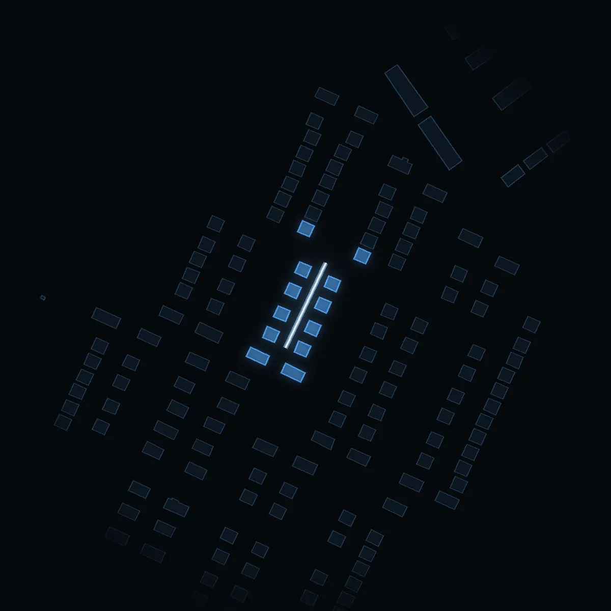 The street at night: Hammargränd drawn in white, its buildings lit in the colour of their area’s income