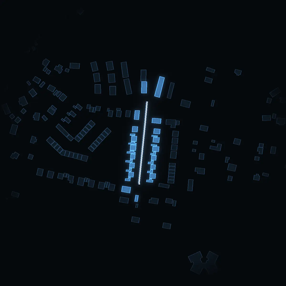 The street at night: Hammarvägen (Norrby-Vendelsö Gård) drawn in white, its buildings lit in the colour of their area’s income