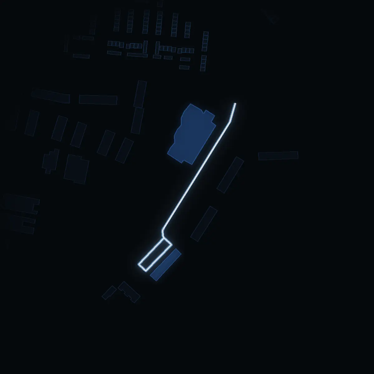 The street at night: Höglundavägen drawn in white, its buildings lit in the colour of their area’s income