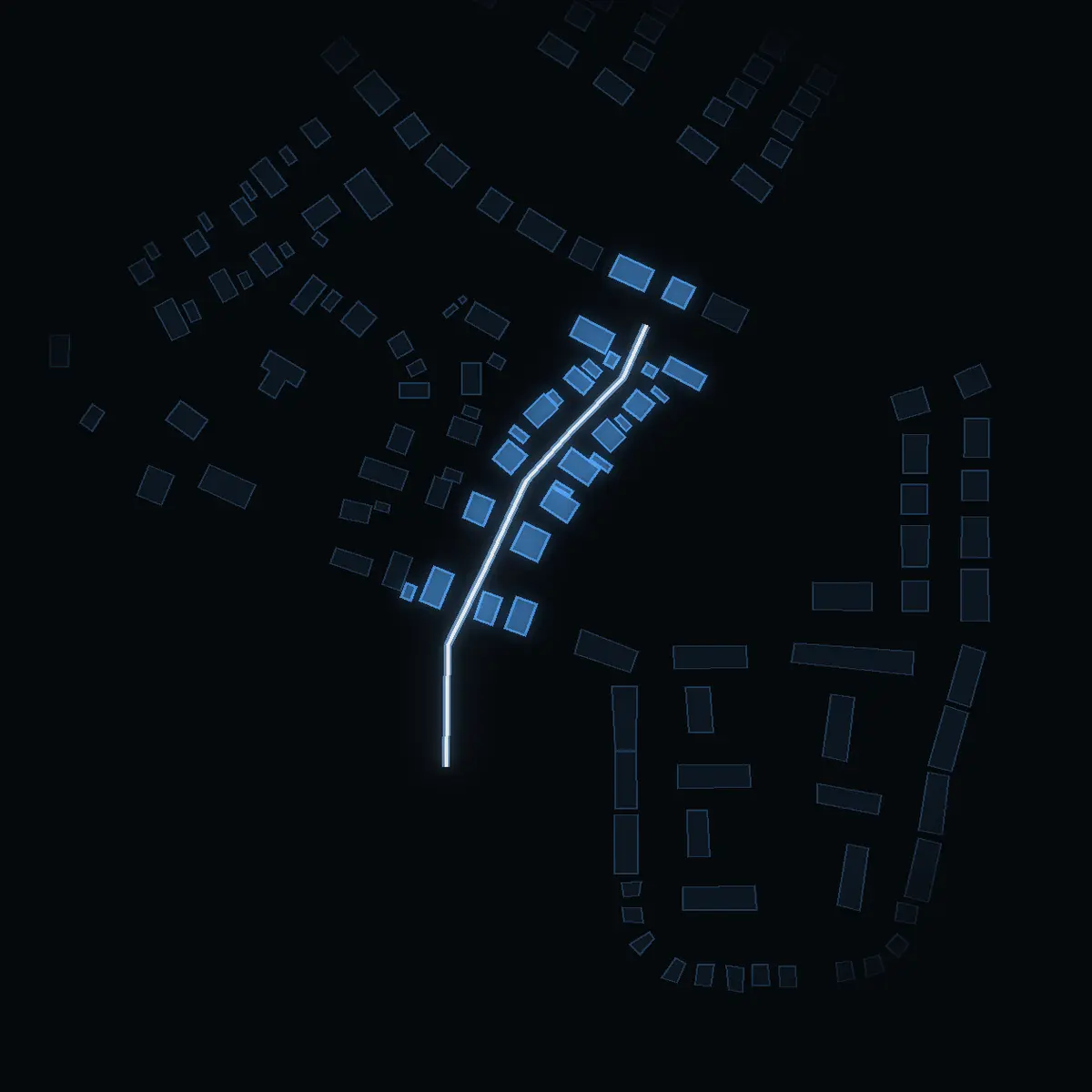 The street at night: Höstbruksvägen drawn in white, its buildings lit in the colour of their area’s income