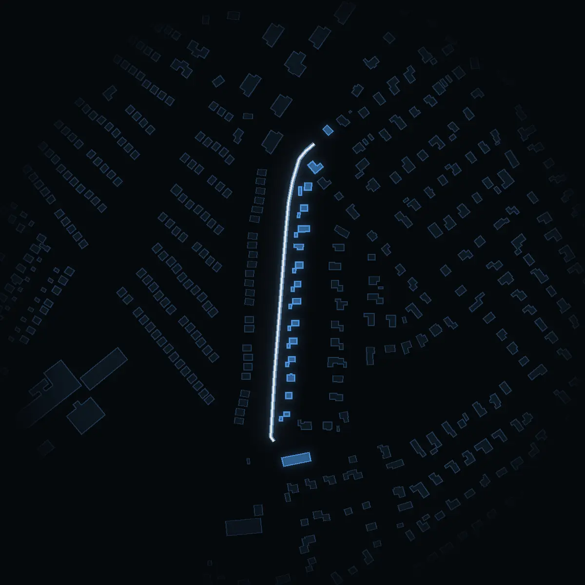 The street at night: Huldabergsvägen drawn in white, its buildings lit in the colour of their area’s income