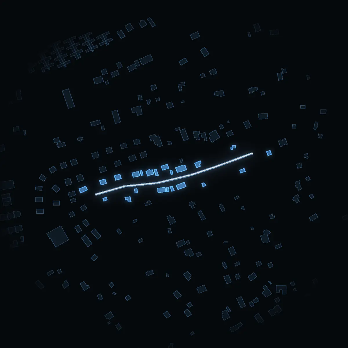 The street at night: Humlavägen drawn in white, its buildings lit in the colour of their area’s income