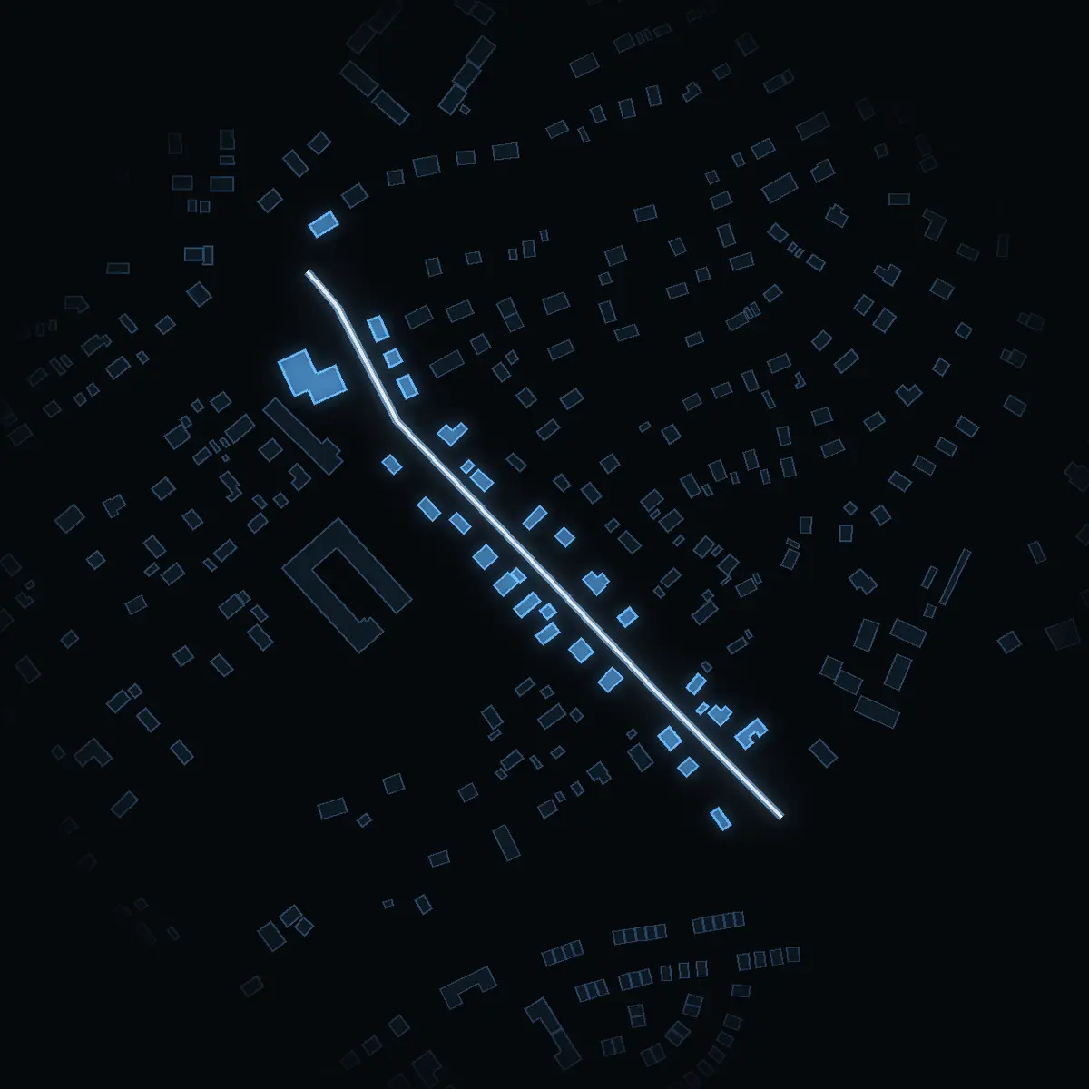 The street at night: Jökelvägen drawn in white, its buildings lit in the colour of their area’s income
