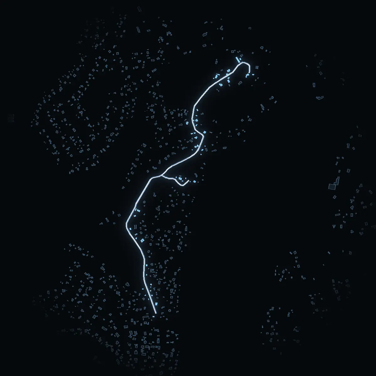 The street at night: Kolbottenvägen drawn in white, its buildings lit in the colour of their area’s income