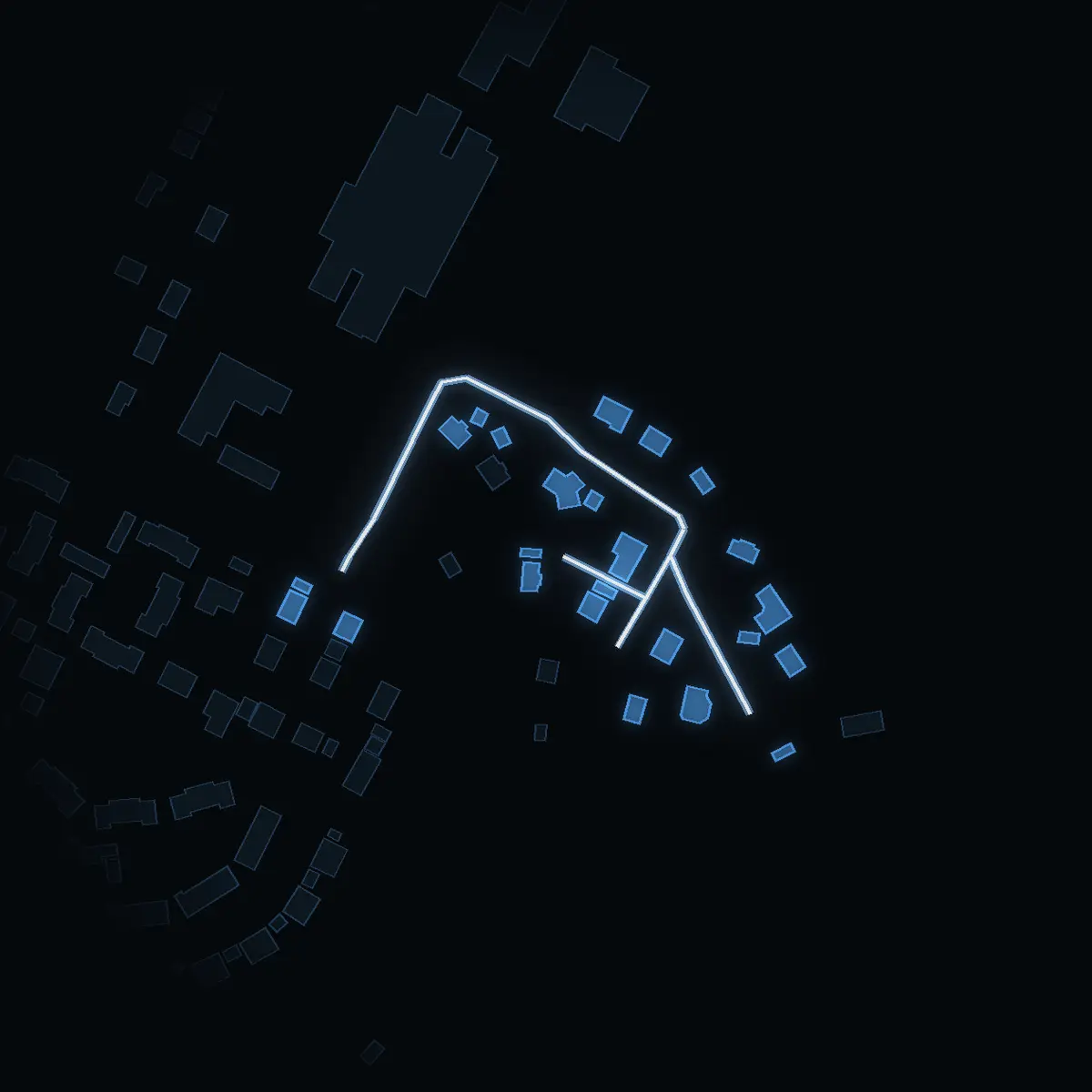 The street at night: Krokvägen drawn in white, its buildings lit in the colour of their area’s income