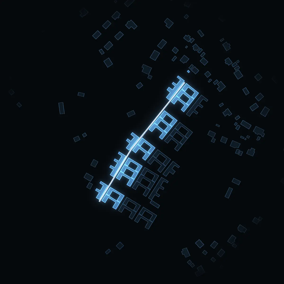 The street at night: Kulgränd drawn in white, its buildings lit in the colour of their area’s income