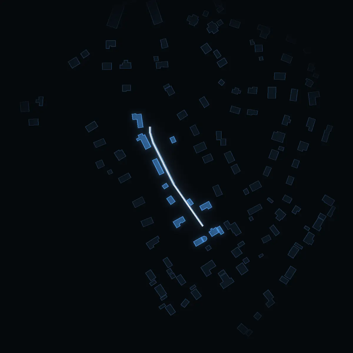 The street at night: Kvarnstigen drawn in white, its buildings lit in the colour of their area’s income
