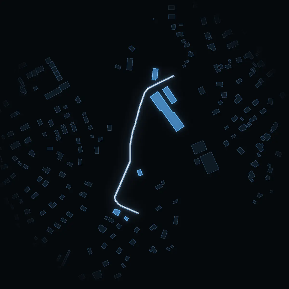 The street at night: Lignells väg drawn in white, its buildings lit in the colour of their area’s income