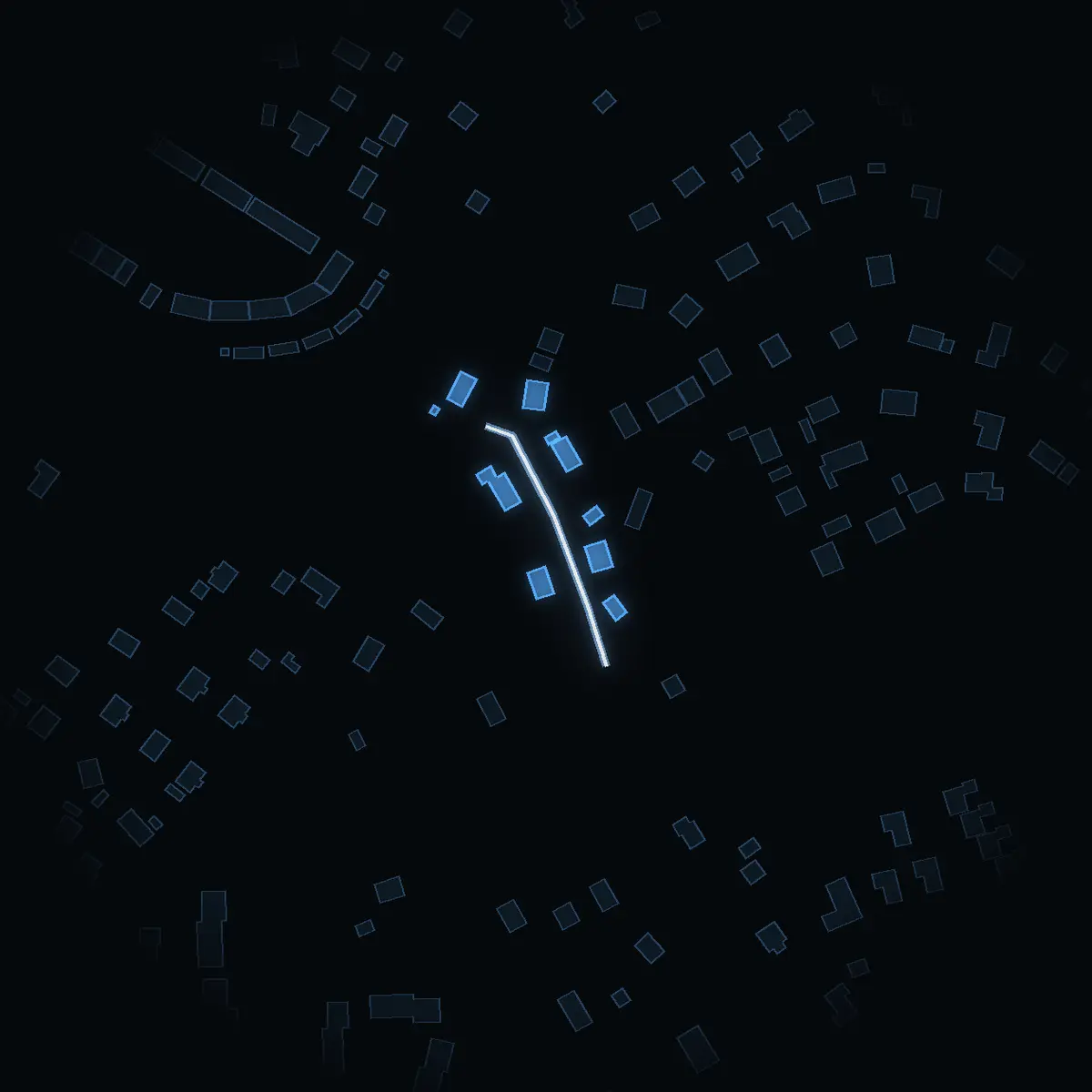 The street at night: Lötkärrsvägen drawn in white, its buildings lit in the colour of their area’s income