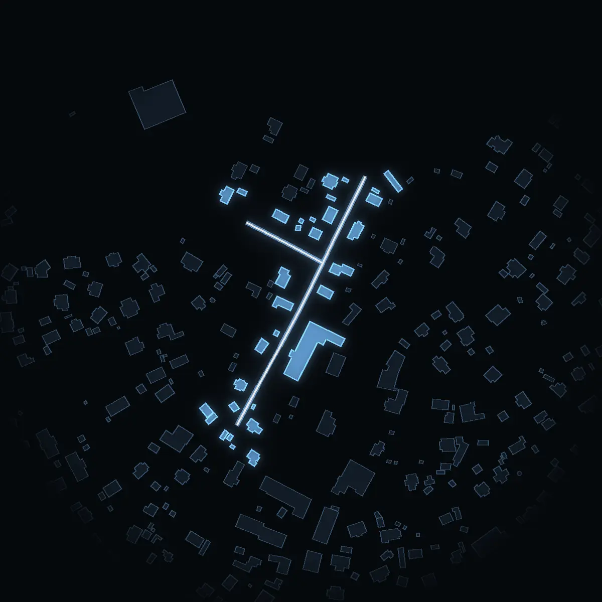 The street at night: Magnevägen drawn in white, its buildings lit in the colour of their area’s income