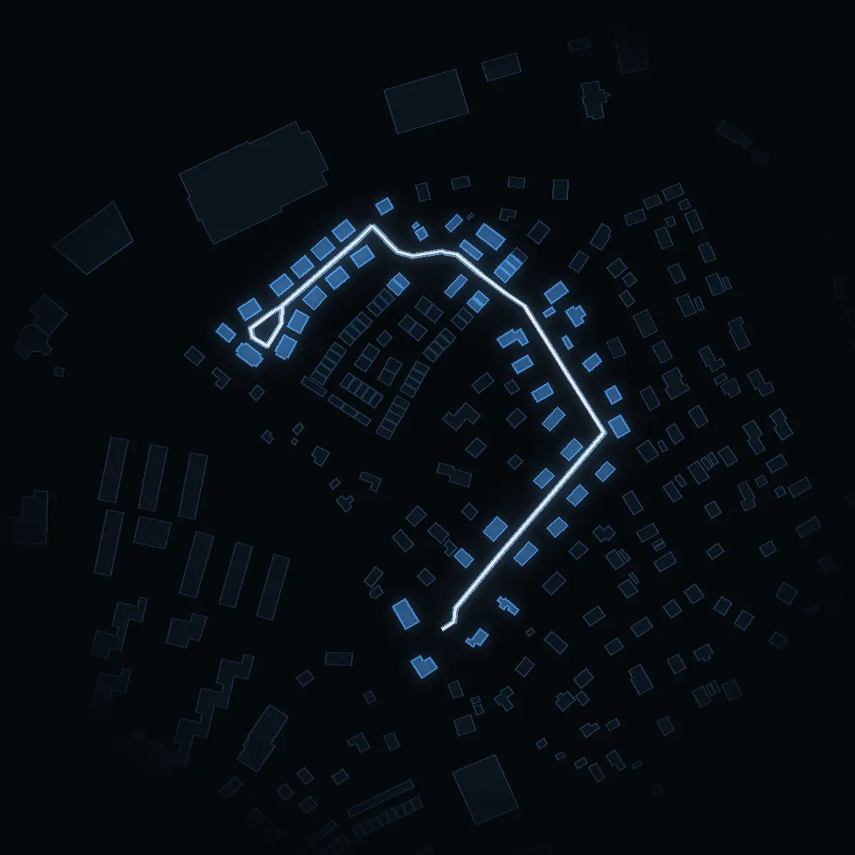 Gatan nattetid: Mårdvägen inritad i vitt, husen tända i färgen för områdets inkomst