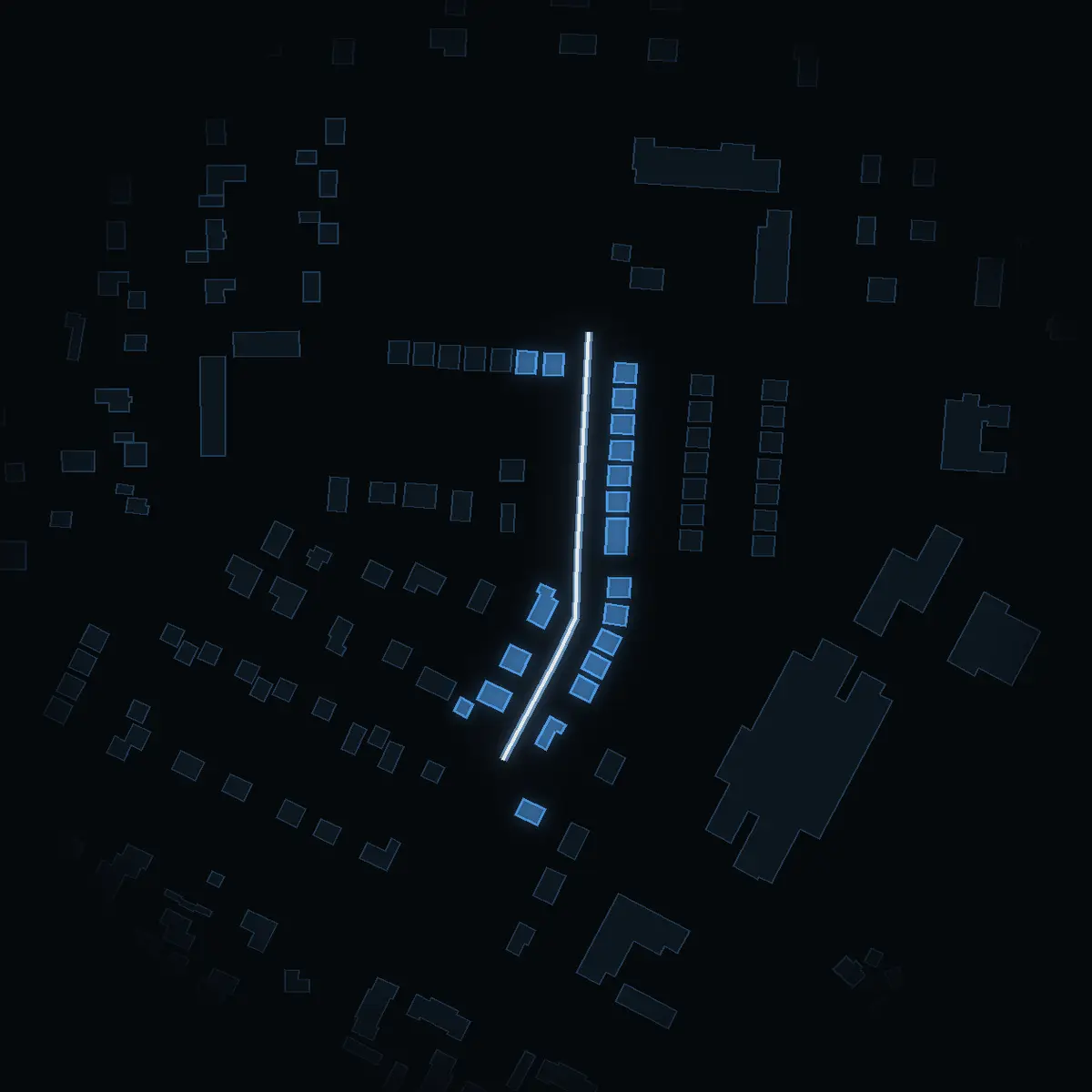 The street at night: Matrosvägen drawn in white, its buildings lit in the colour of their area’s income