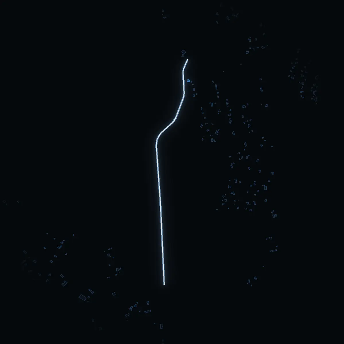 The street at night: Mickrumsvägen drawn in white, its buildings lit in the colour of their area’s income