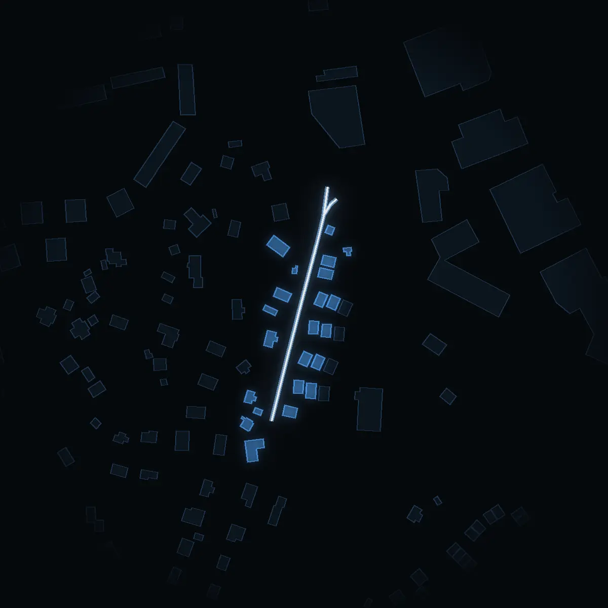 The street at night: Mjölnare Grips väg drawn in white, its buildings lit in the colour of their area’s income