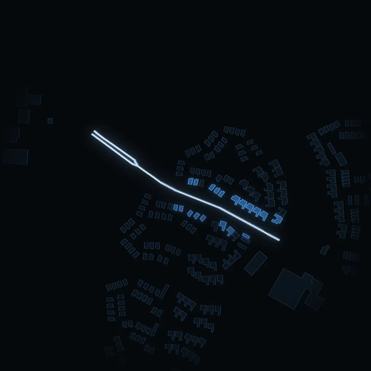 The street at night: Mostensvägen drawn in white, its buildings lit in the colour of their area’s income
