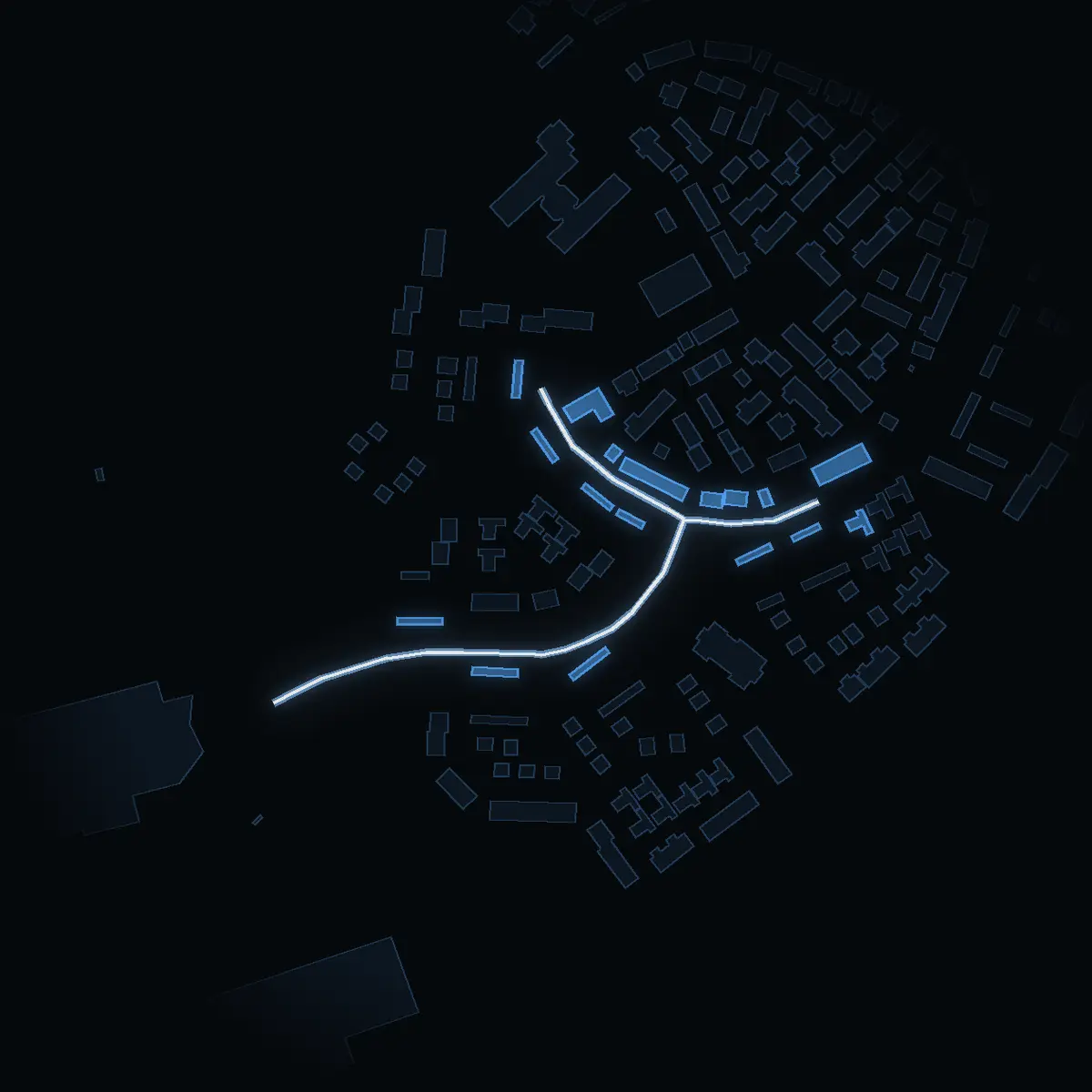 The street at night: Myrmalmsringen drawn in white, its buildings lit in the colour of their area’s income