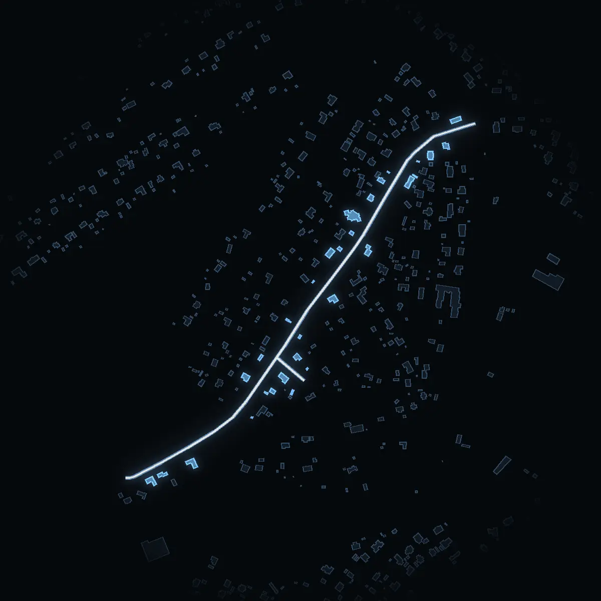 The street at night: Ornövägen drawn in white, its buildings lit in the colour of their area’s income