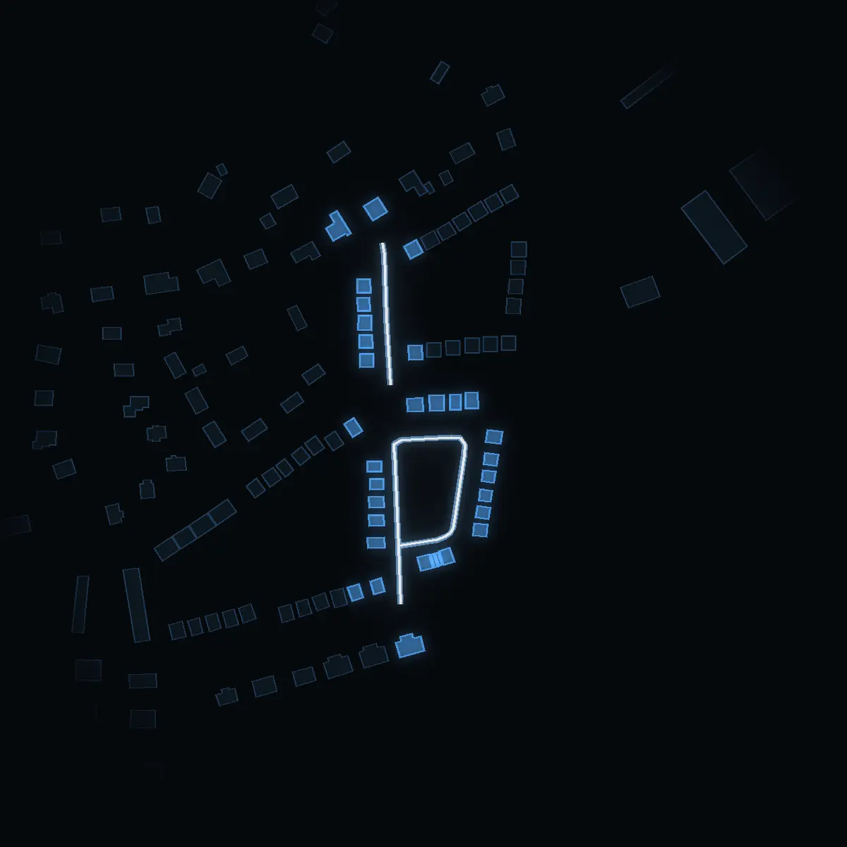 The street at night: Orrvägen drawn in white, its buildings lit in the colour of their area’s income