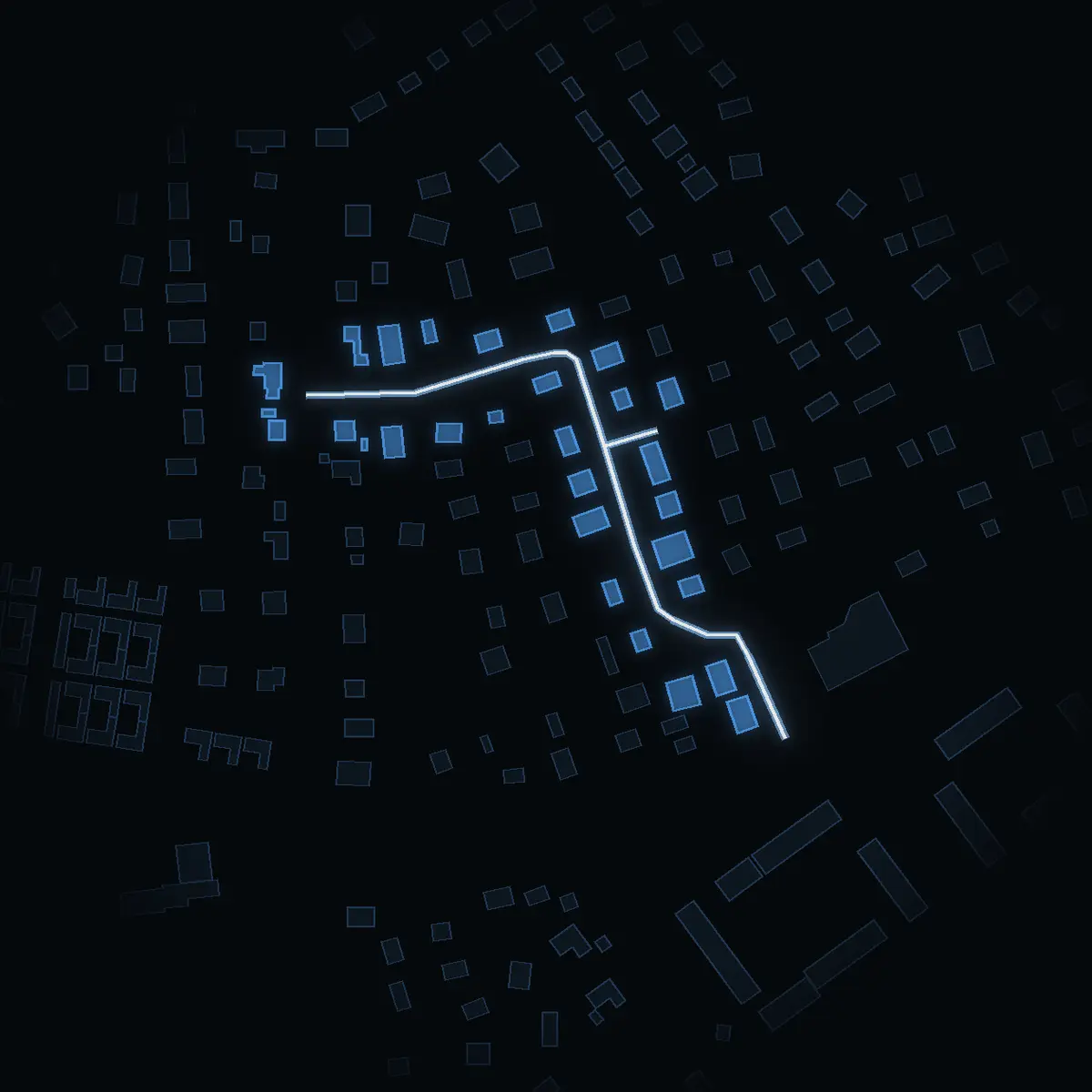 The street at night: Parkvägen (Västerhaninge västra) drawn in white, its buildings lit in the colour of their area’s income
