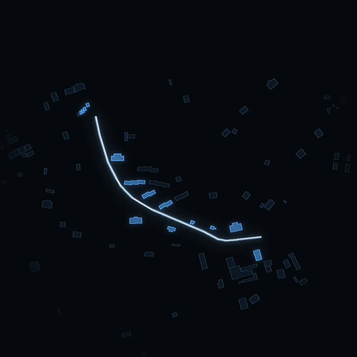 The street at night: Prästbacken drawn in white, its buildings lit in the colour of their area’s income