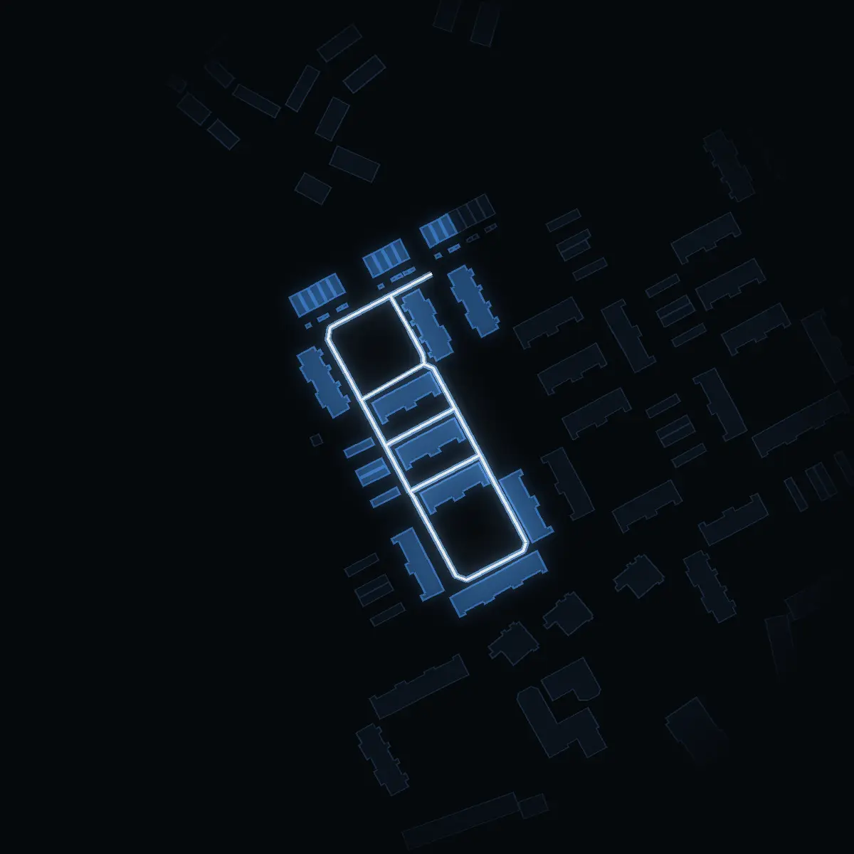 The street at night: Rådjursstigen drawn in white, its buildings lit in the colour of their area’s income