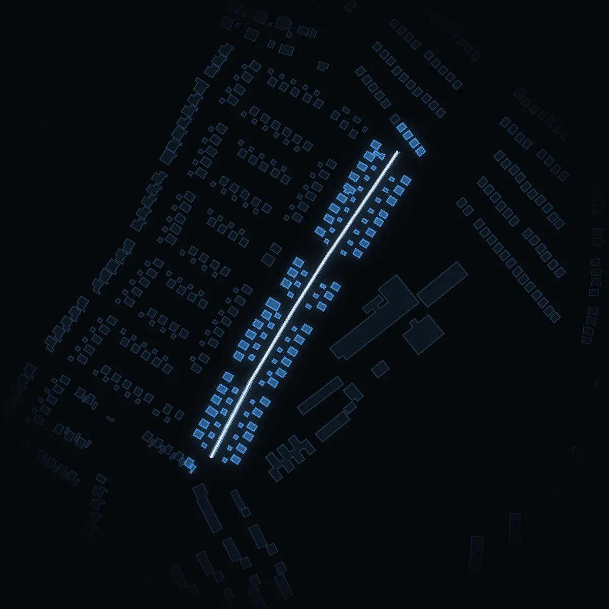The street at night: Ragnebergsvägen drawn in white, its buildings lit in the colour of their area’s income