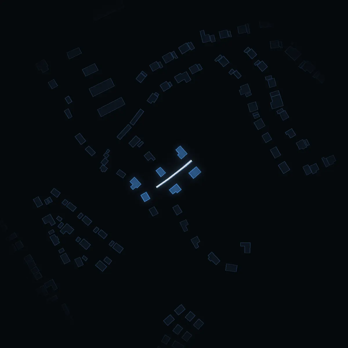 The street at night: Ribbylundsvägen drawn in white, its buildings lit in the colour of their area’s income