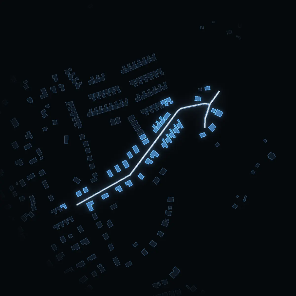 The street at night: Rönnvägen drawn in white, its buildings lit in the colour of their area’s income